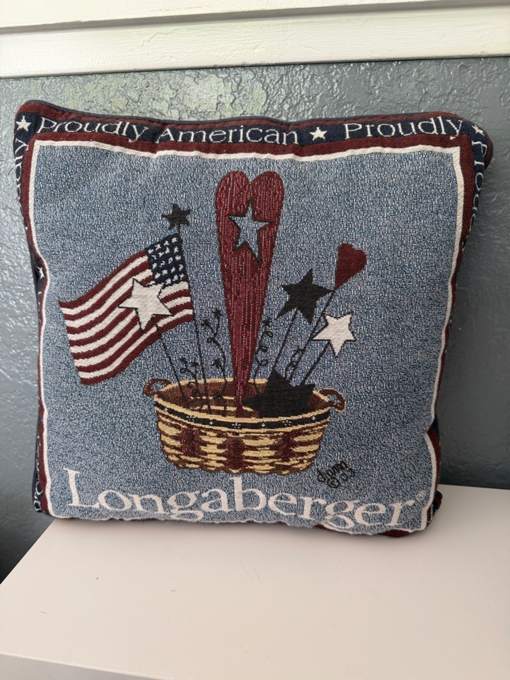 Longaberger Basket Flag Patriotic 4th of July Pillow Tapestry Throw Accent 16”